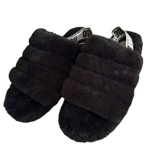 UGG Black Fluff Yeah Ladies Slide‎ Slippers Plush Sheepskin Logo, 11